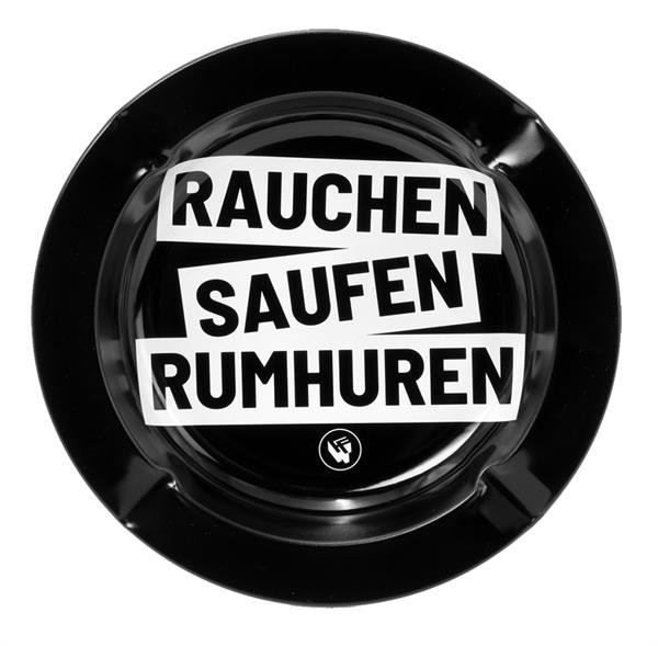 Metall Aschenbecher "Rauchen Saufen Rumhuren"